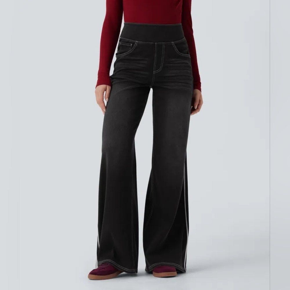 NWT Halara Flex High Waisted Stripe Wide Leg Flowy Washed Casual Jeans - Picture 4 of 8